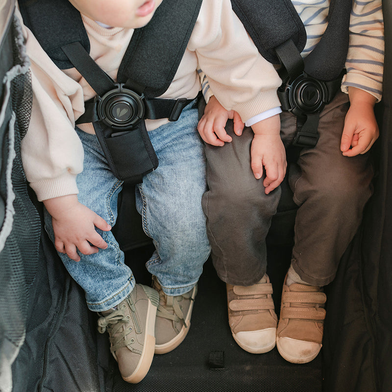 two kids sit side by side in the double seat harness kit for the caravan stroller wagon