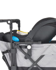 caravan close-up with infant car seat attached