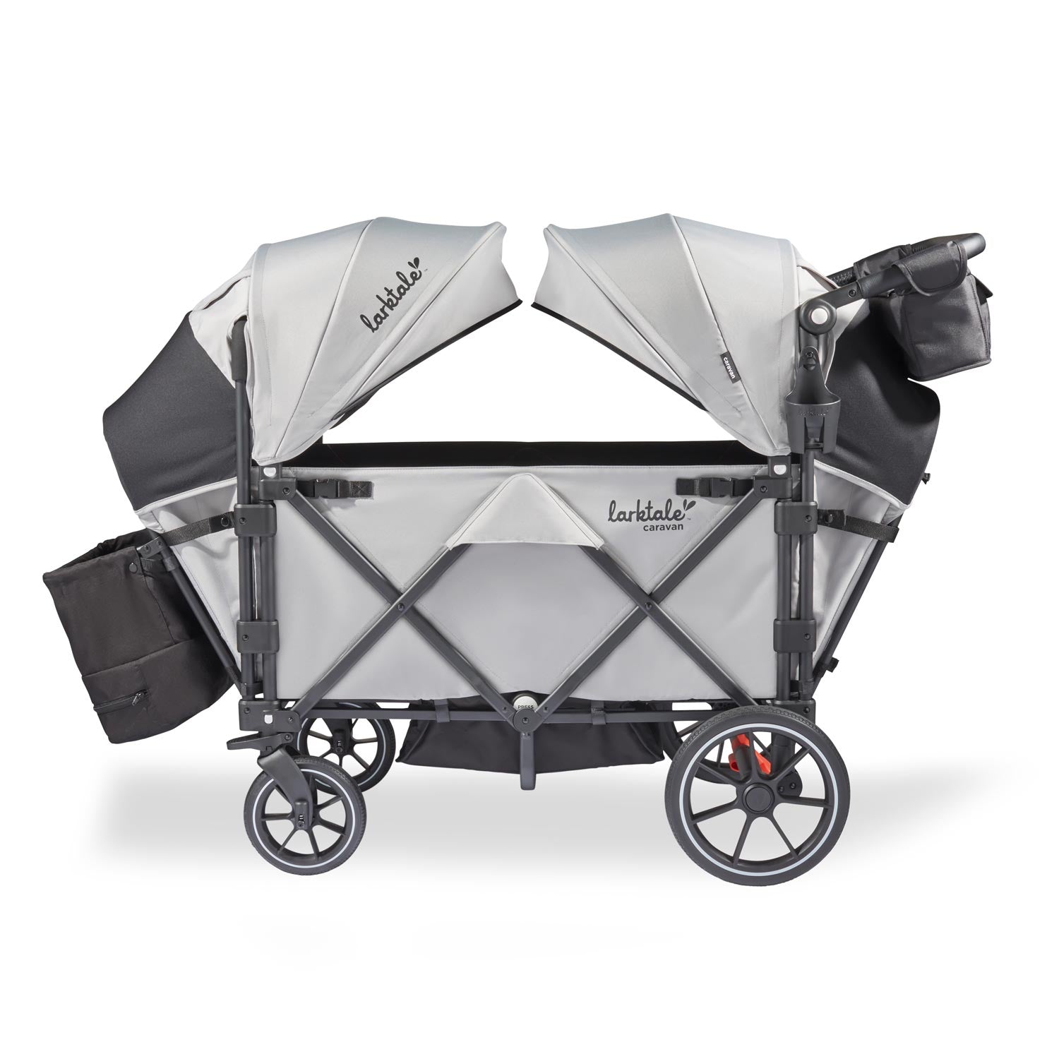 larktale caravan v3 stroller wagon in avalon gray side angle with reclined seats
