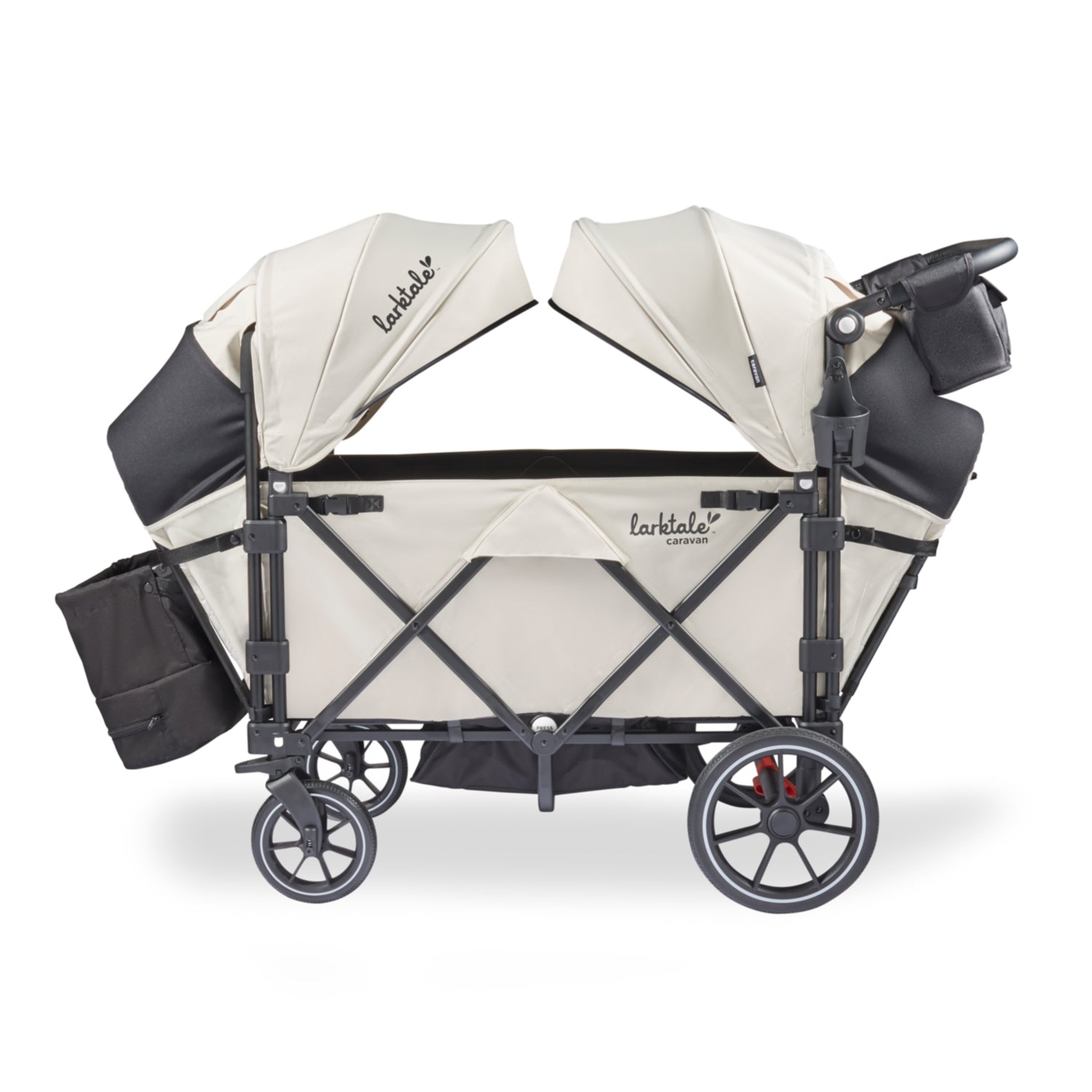larktale caravan v3 stroller wagon in newport taupe side view with reclined seats