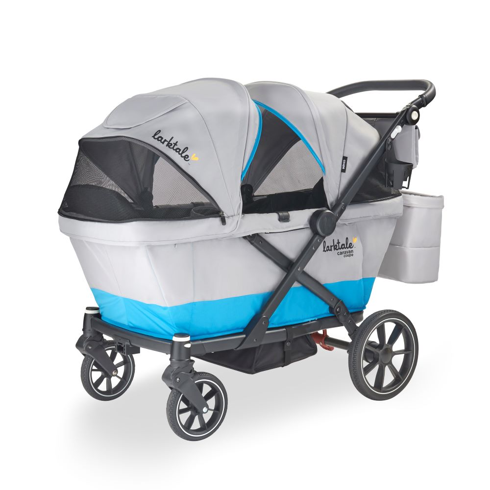 larktale caravan coupe v2 stroller wagon in gray with a blue stripe at the bottom