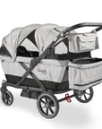larktale caravan coupe quad 4-seater stroller wagon in gray/black with parent console and other attached accessories