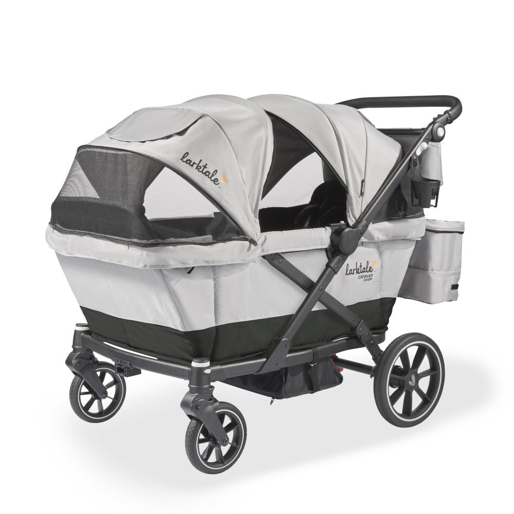 larktale caravan coupe quad 4-seater stroller wagon in gray with a black stripe across the bottom