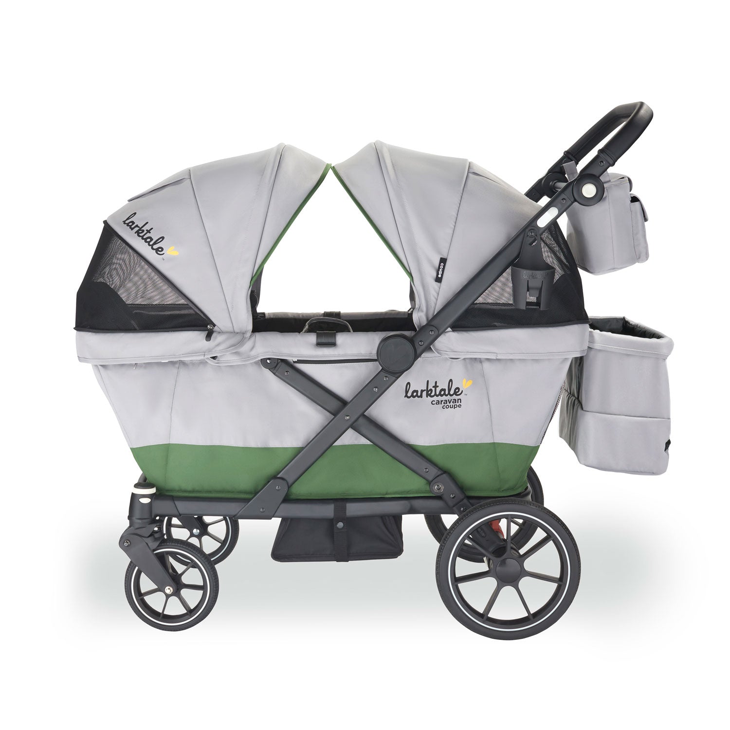 larktale caravan coupe quad 4-seater stroller wagon in gray/green with parent console side-view