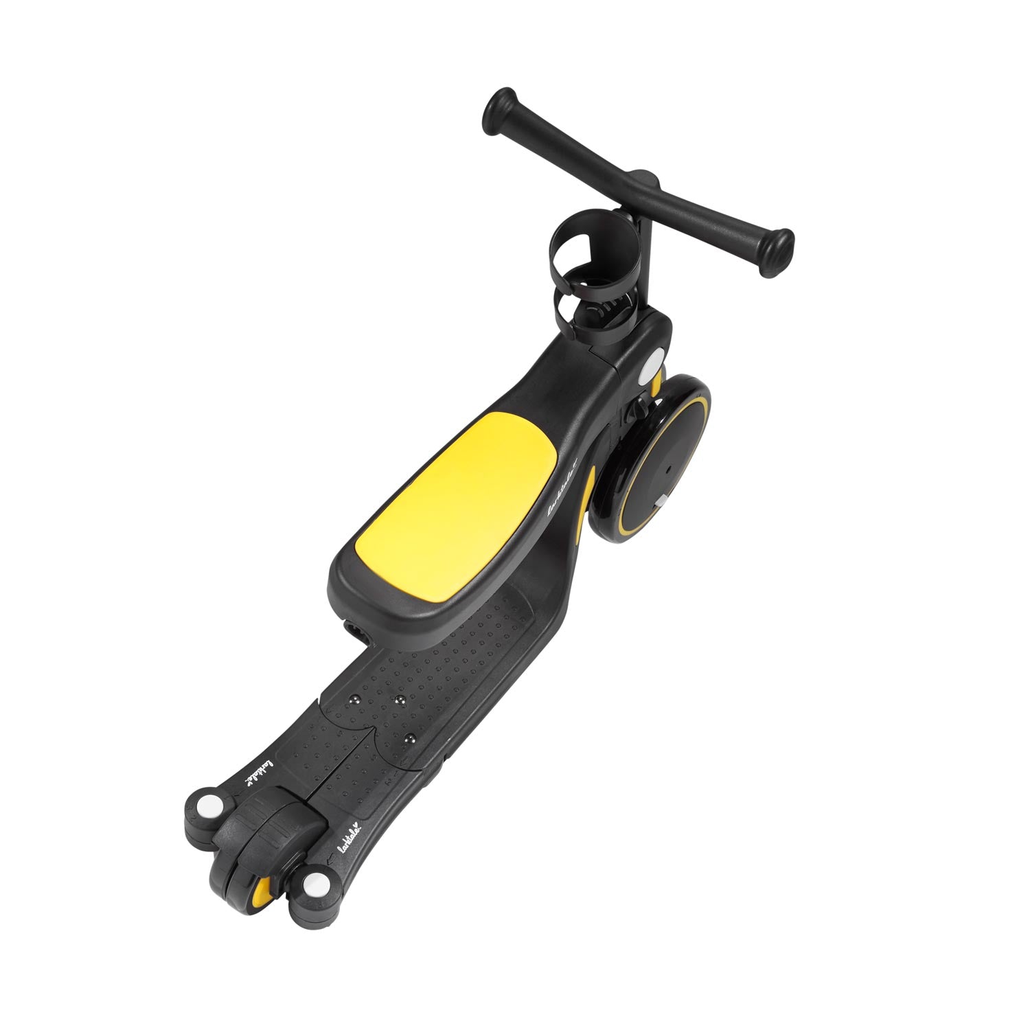 scoobi in balance bike mode in clovelly yellow overhead view