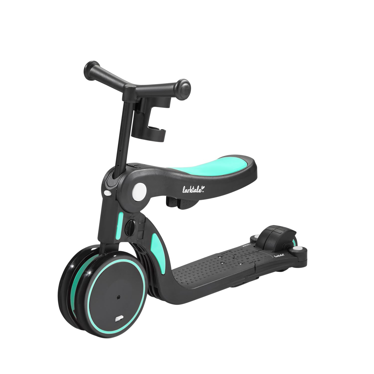 scoobi in balance bike mode in biscay green