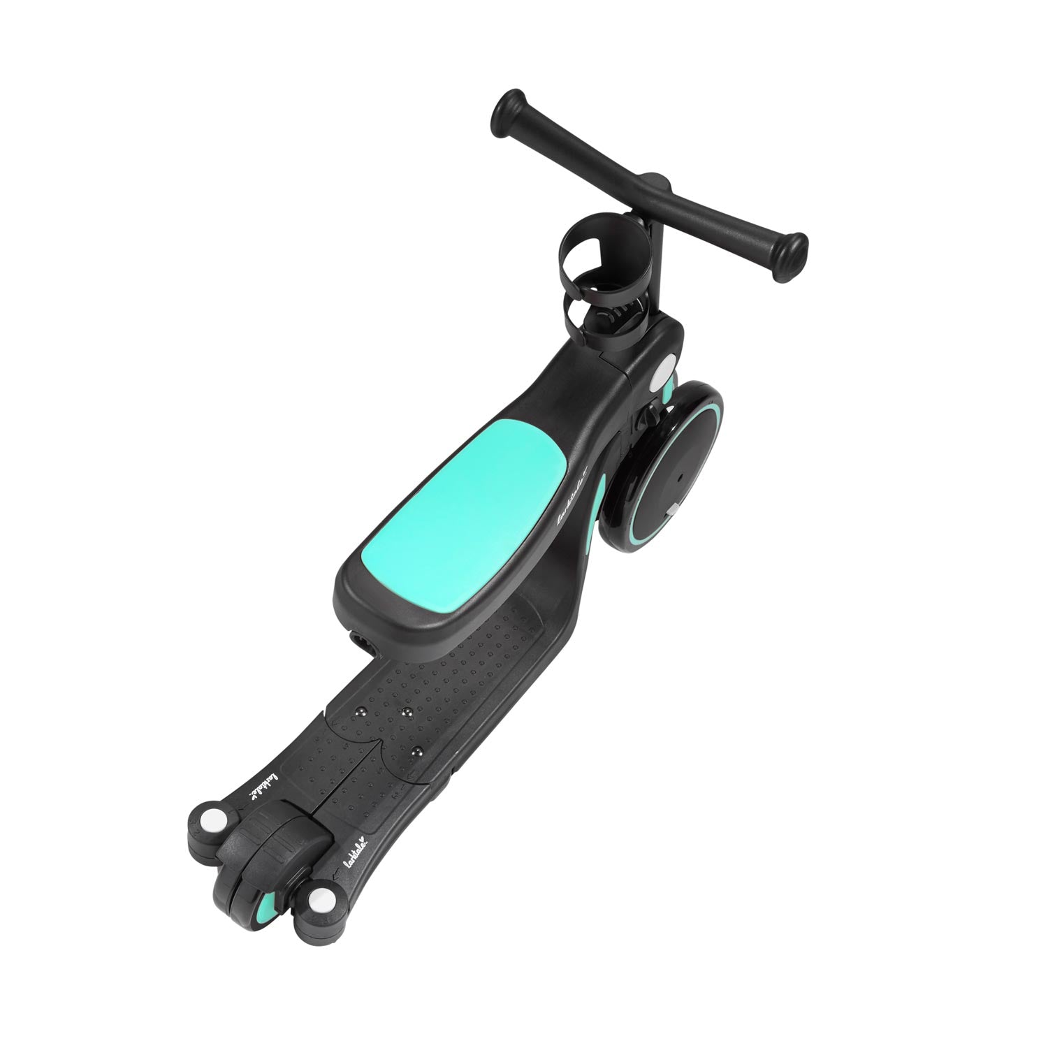 scoobi in balance bike mode in biscay green overhead view