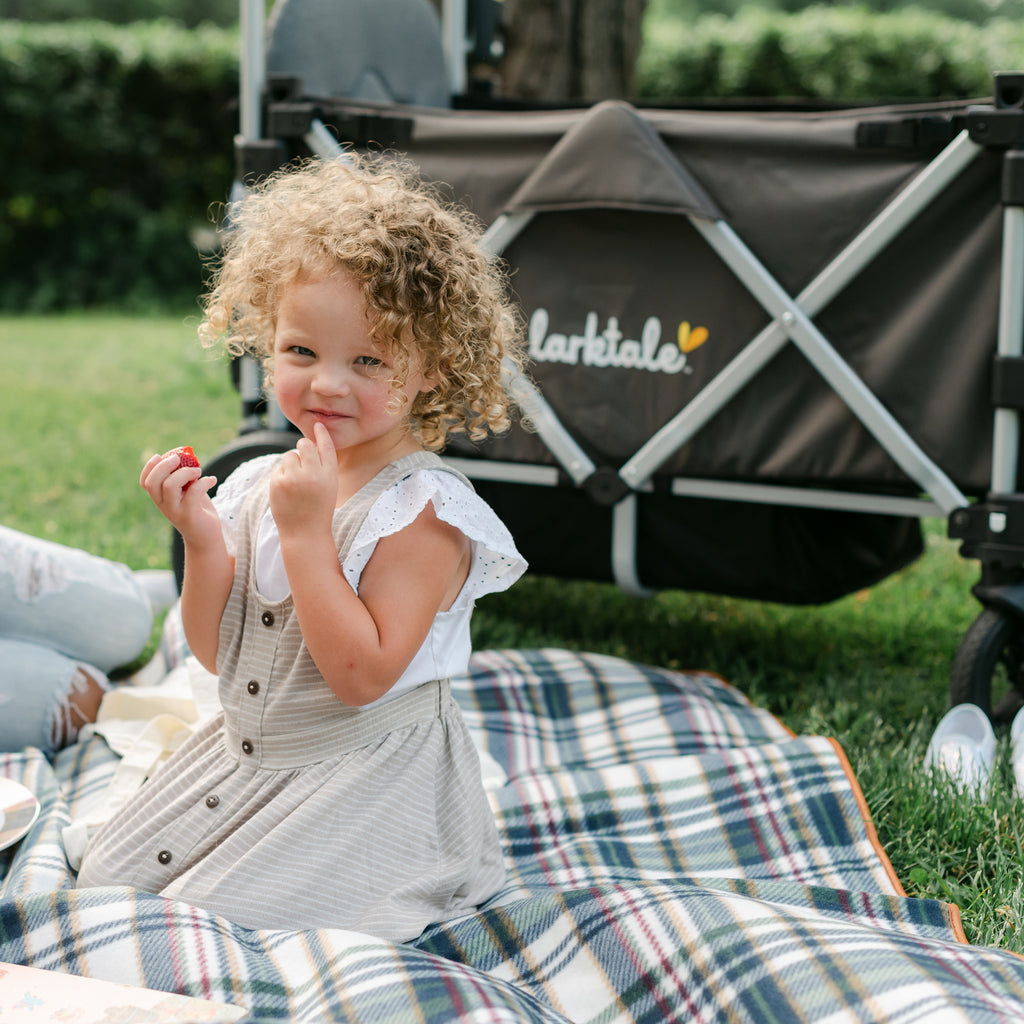 little girl picnics next to the caravan stroller wagon