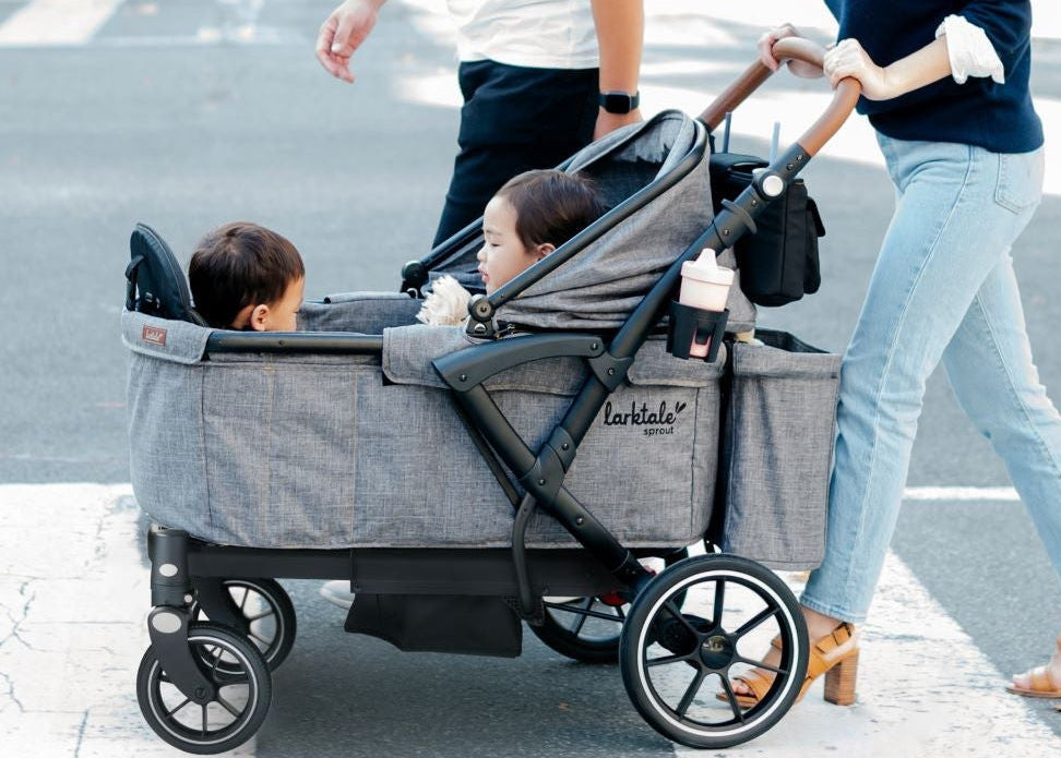Woman pushing a stroller with two children on a city street.