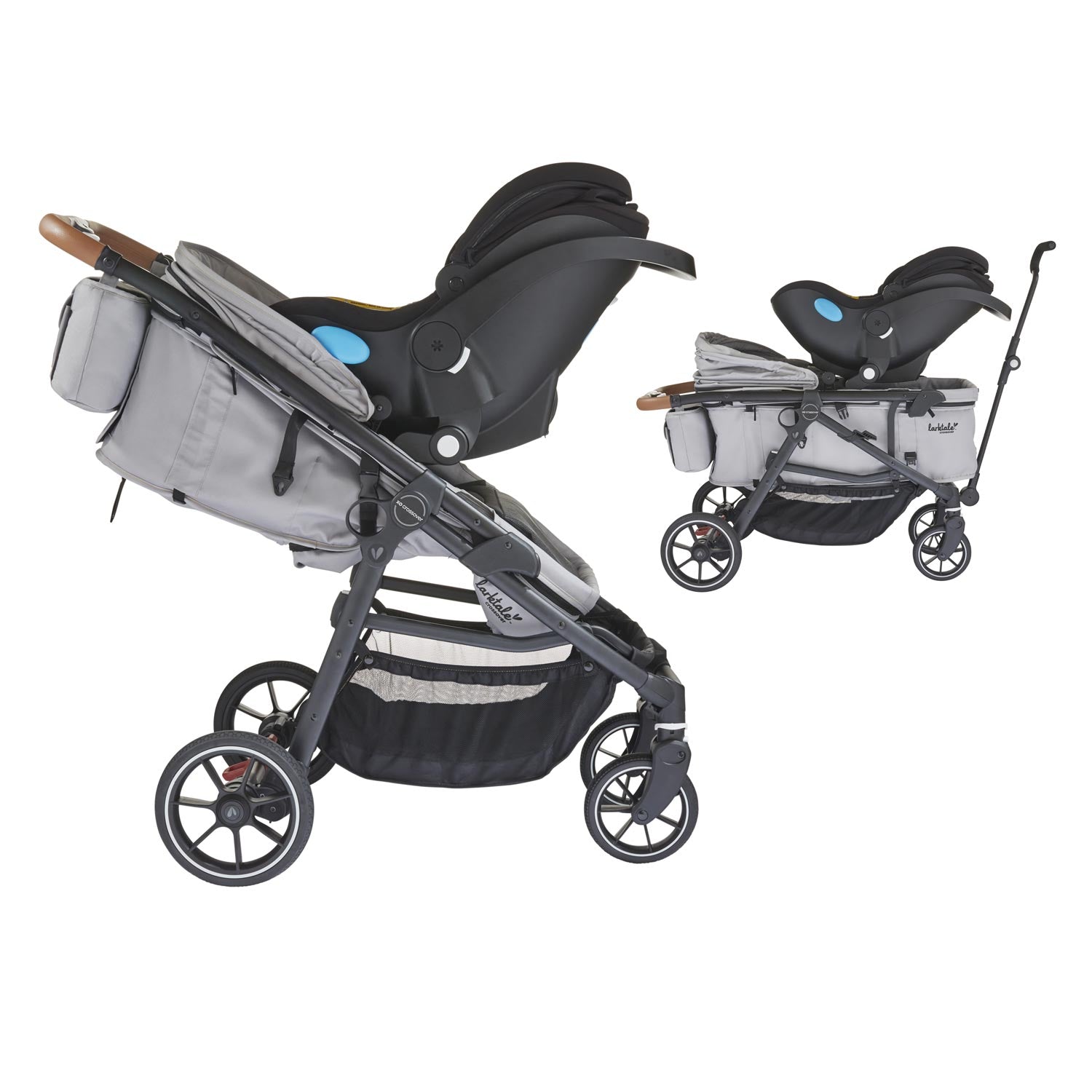 car seat attached to crossover in stroller mode and wagon mode