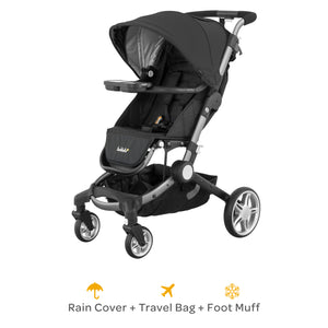 coast stroller in black with rain cover, travel bag and foot muff included