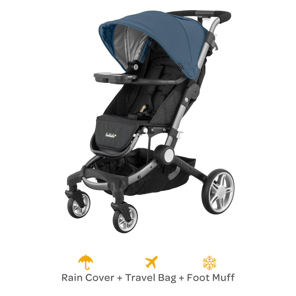 coast stroller in navy blue with rain cover, travel bag and foot muff included