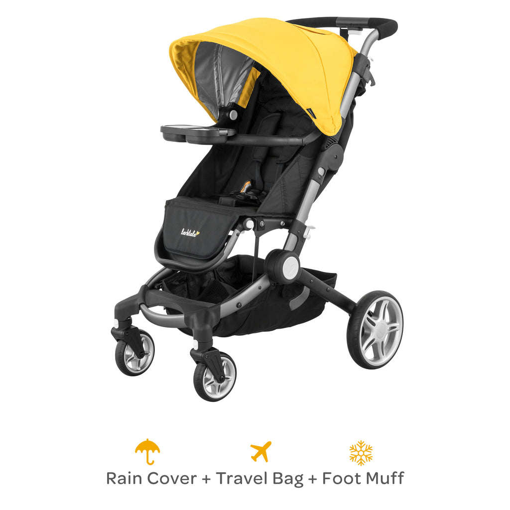coast in yellow with rain cover, travel bag and foot muff included
