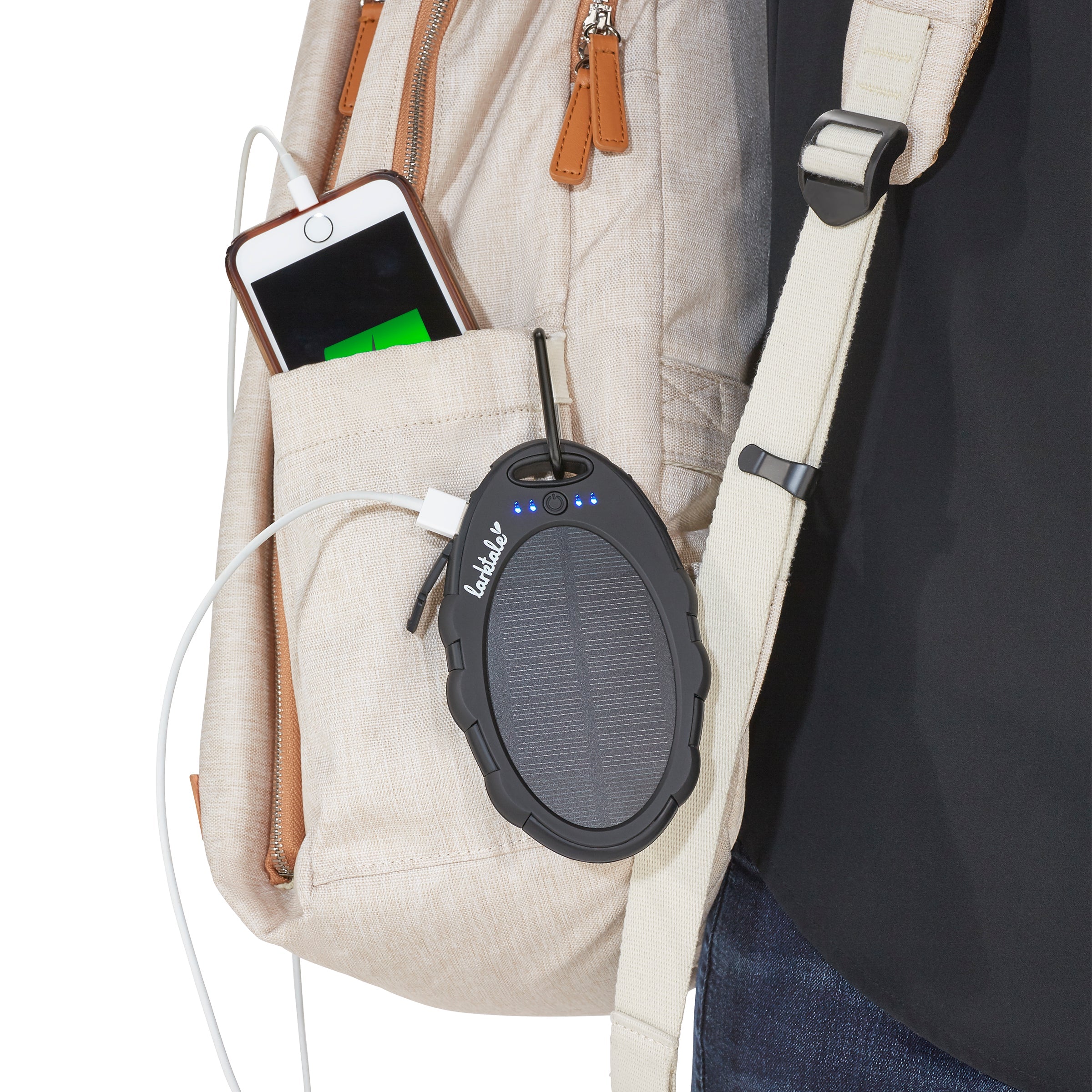 solar panel phone charger attached to backpack