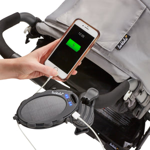 solar panel phone charger attached to stroller handlebar