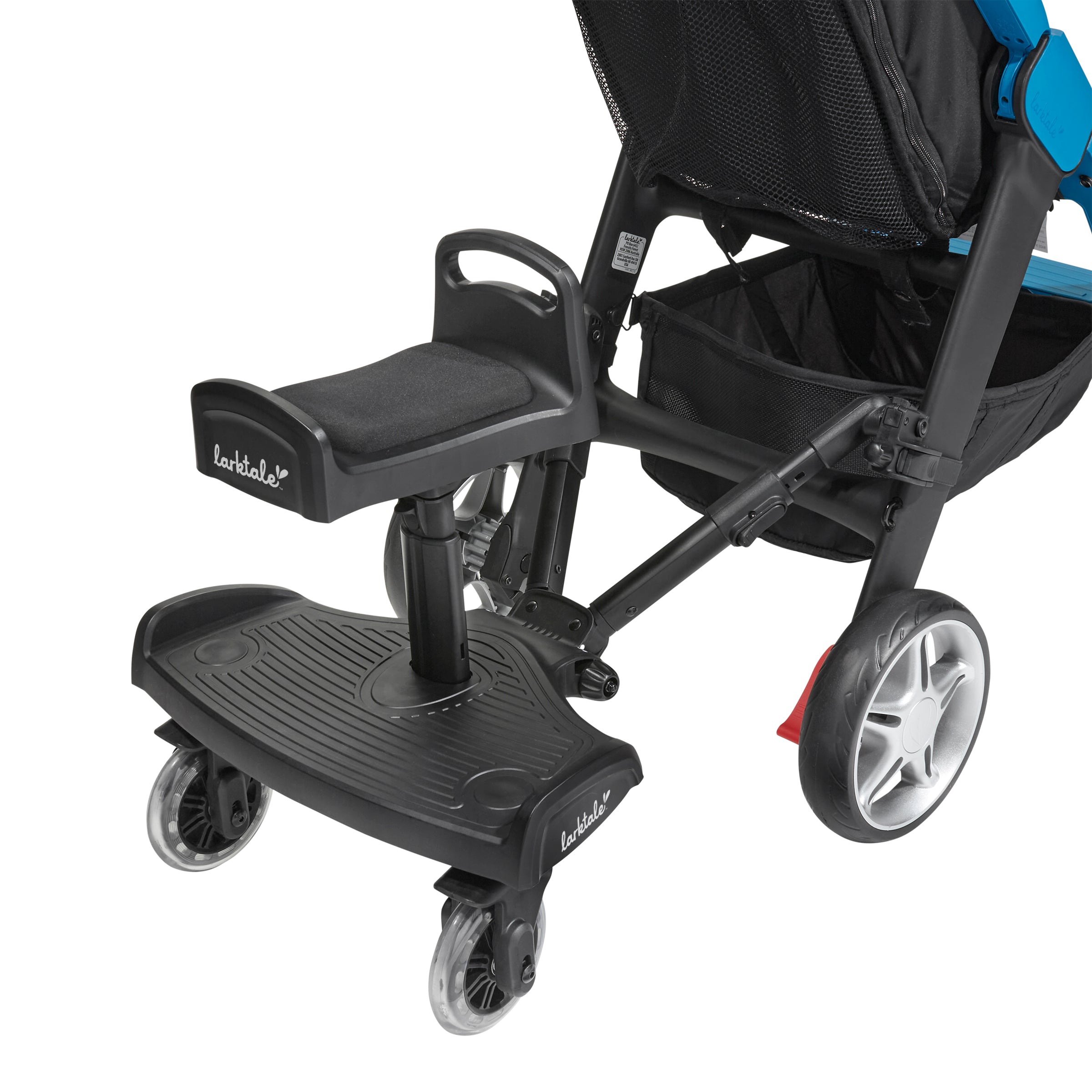larktale stroller board attached to a stroller in saddle seat mode